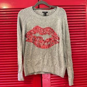 H&M lips sweater sequins kiss small SM S womens grey angora blend